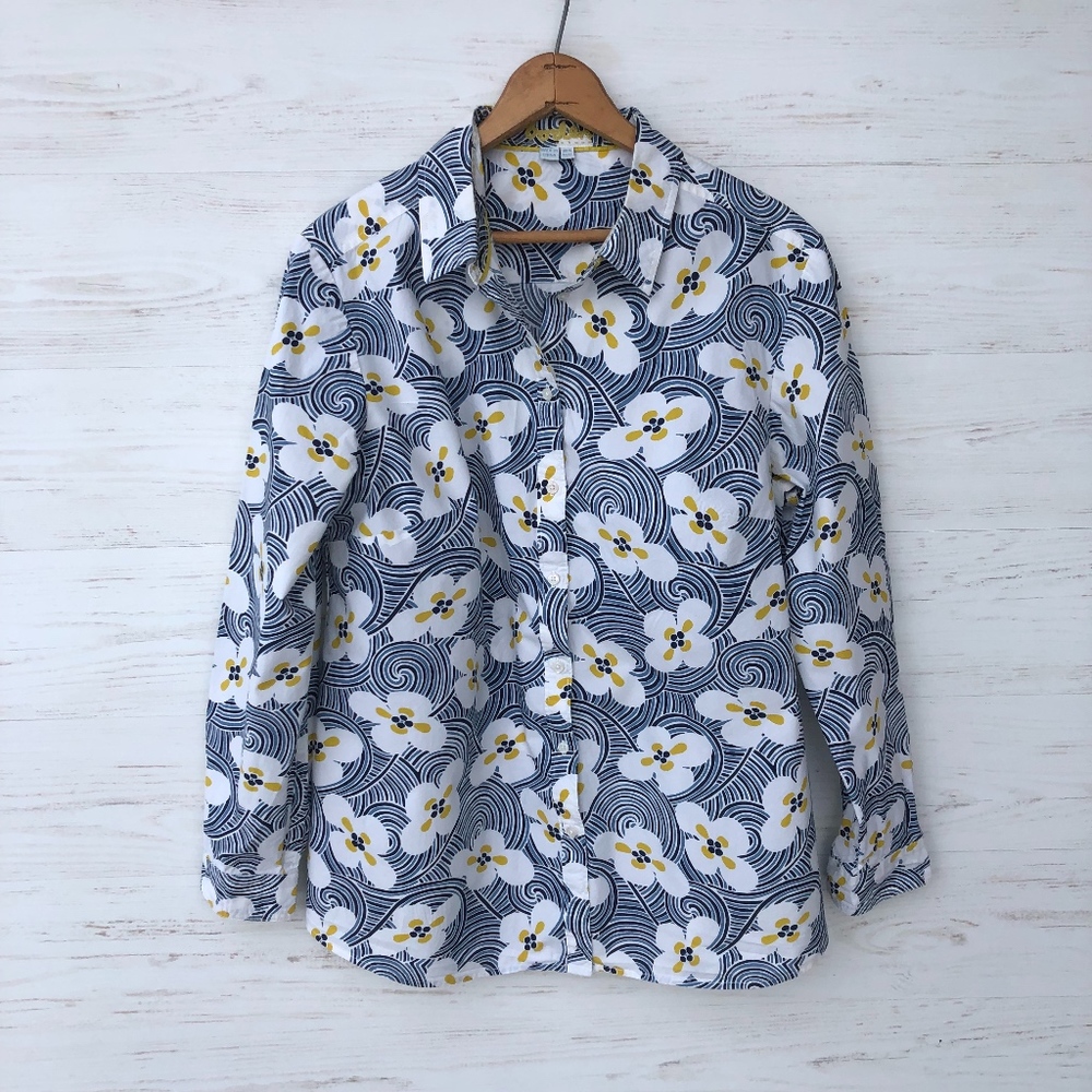 Boden button down shirt blouse bold floral navy 12